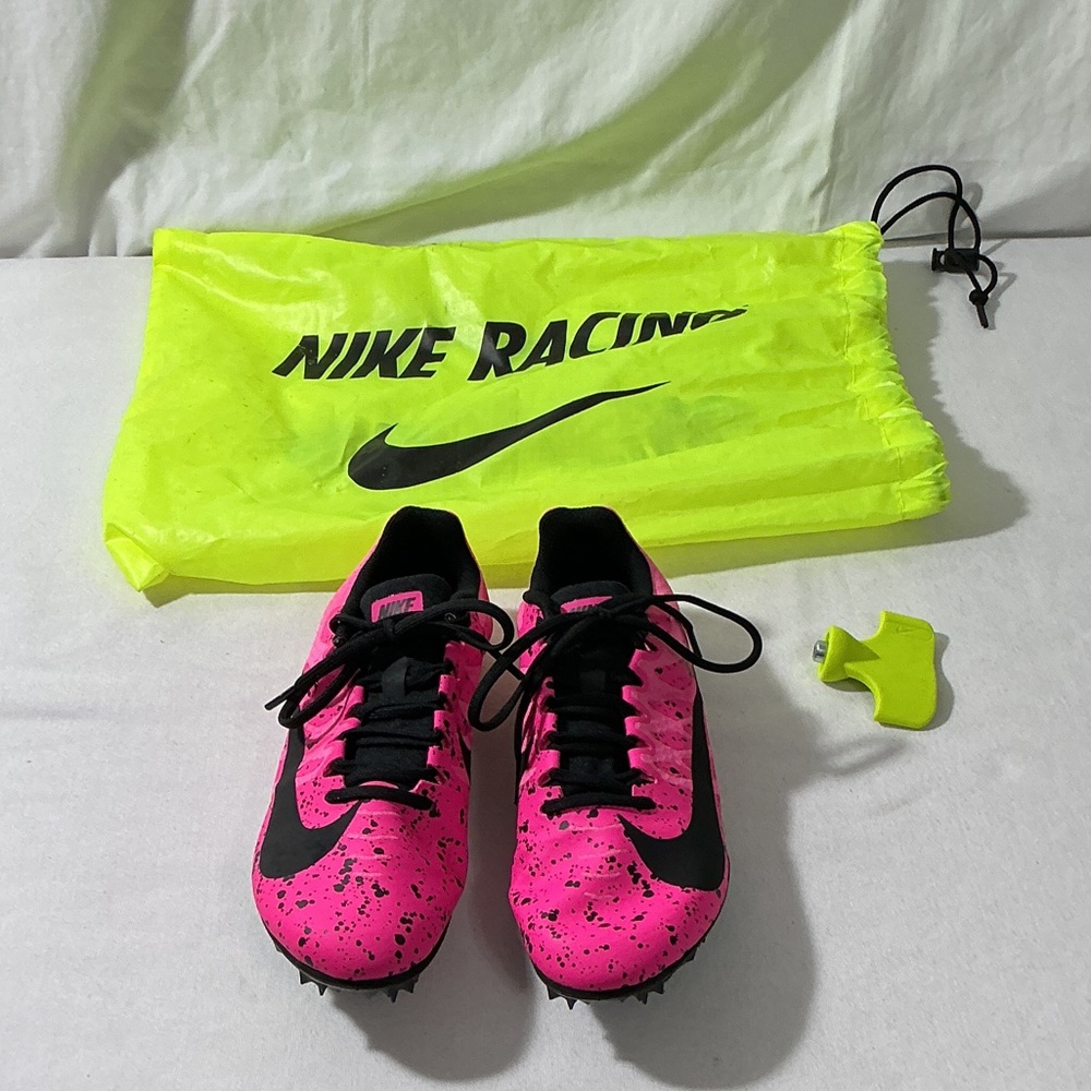 Nike Pink and Black Sprint Spikes with Neon Yellow Bag